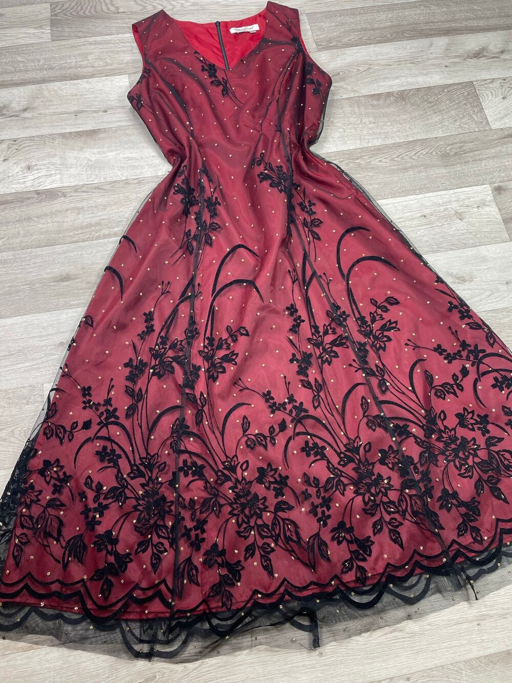 🔥Vintage Y2K Black Mesh Flocked Burgundy Dress Gothic Fairy Vampy Dark Romantic